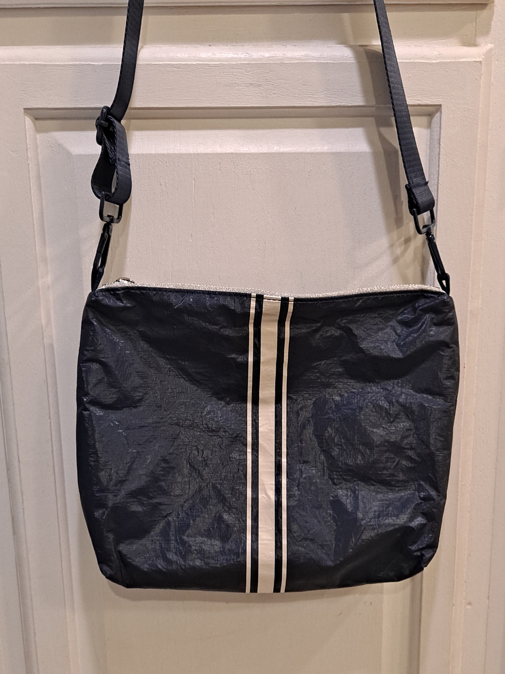 Hi Love! Tyvek Coated Blue Crossbody Silver Trim Sporty Compact Travel Everyday